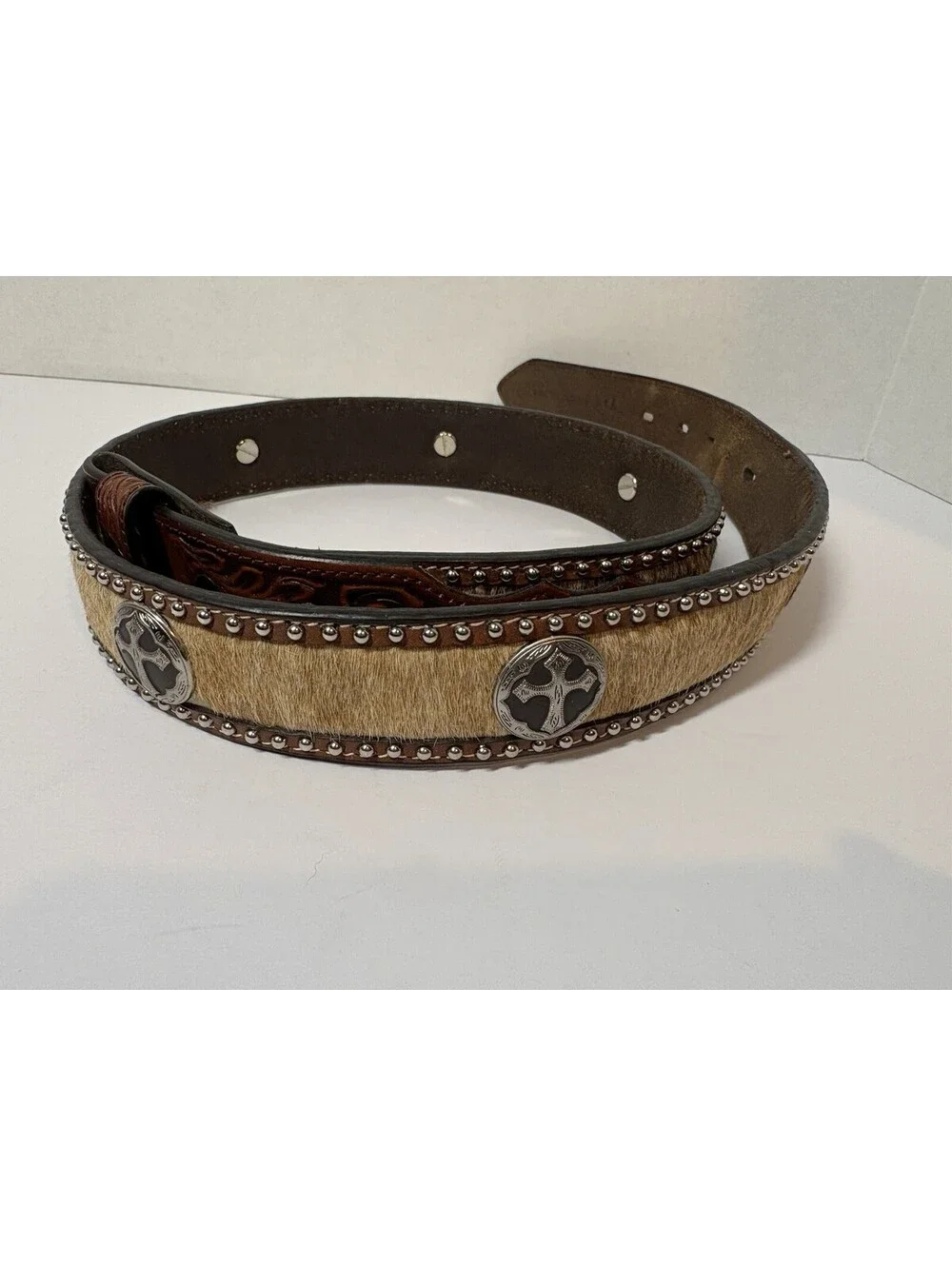 3D Belt Co Mens Western Sz 38 Handcrafted Leather Hide Studs Cross Conchos